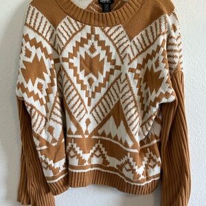 Chic Geometric Pattern Sweater in Brown and White